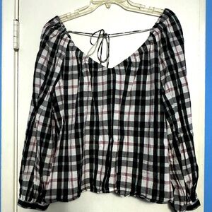 J. Crew black white red madras plaid long sleeve top shirt deep V front/back XXL